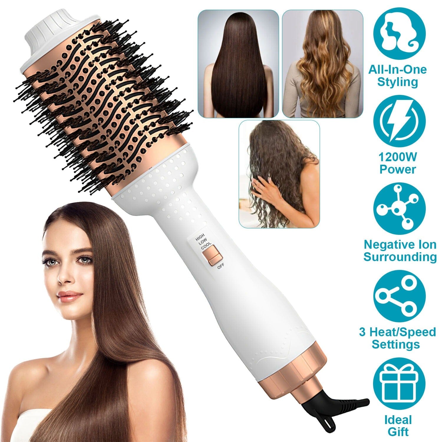 4-in-1 Hari Dryer Brush Curling Styler Volumizer Straightener Negative Ion Anti-Frizz