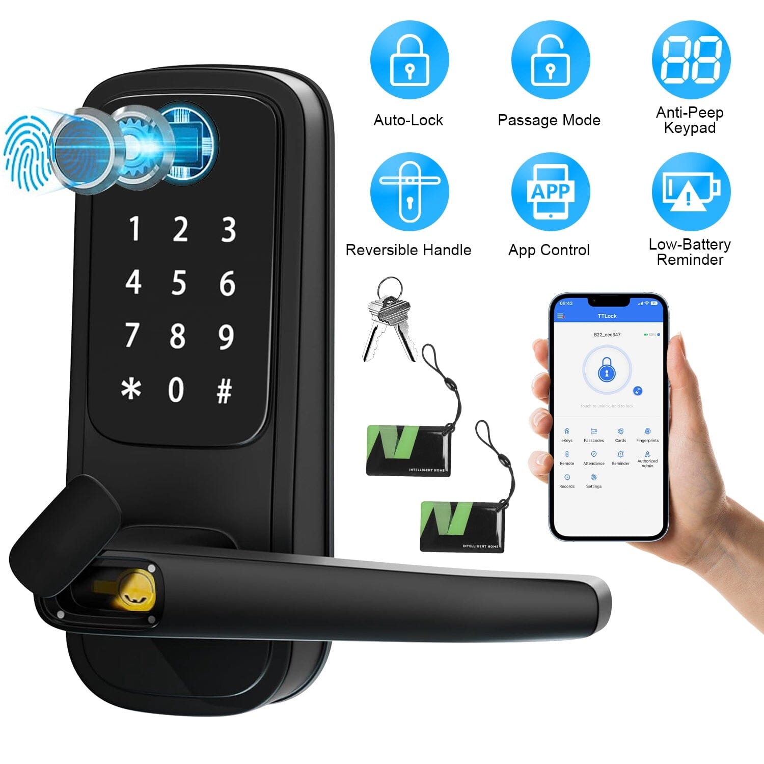 Smart Door Lock with Handle Fingerprints Passcode Keys Fobs App Control