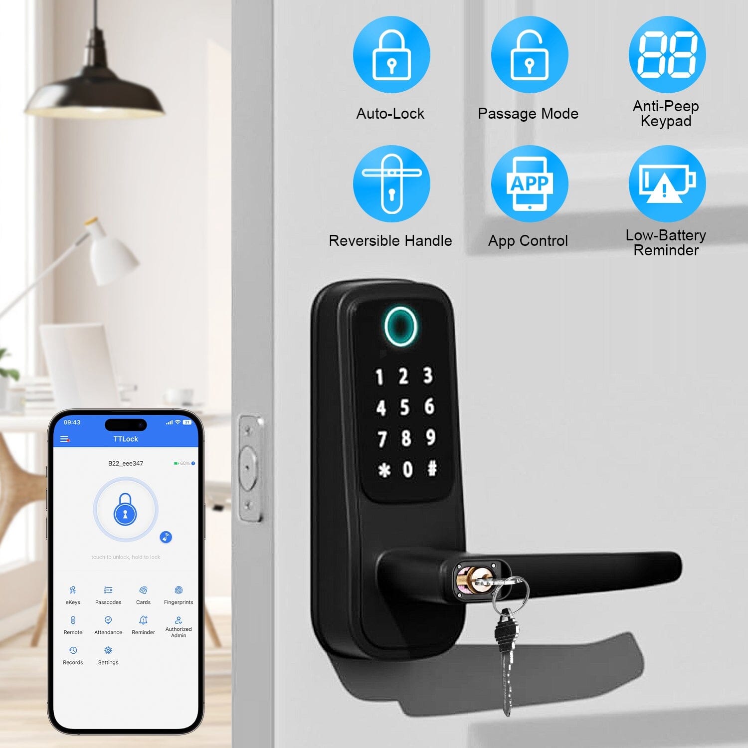 Smart Door Lock with Handle Fingerprints Passcode Keys Fobs App Control