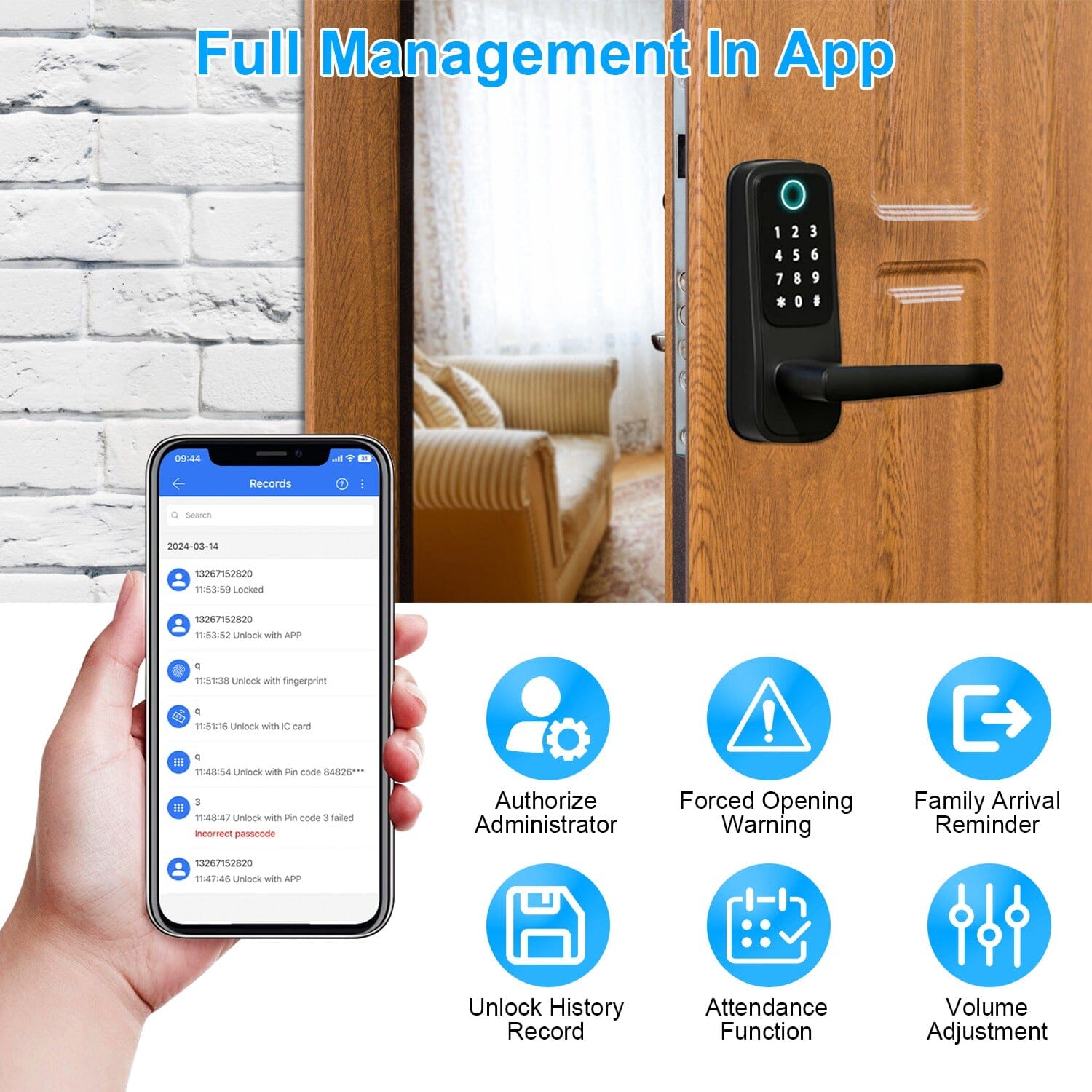 Smart Door Lock with Handle Fingerprints Passcode Keys Fobs App Control