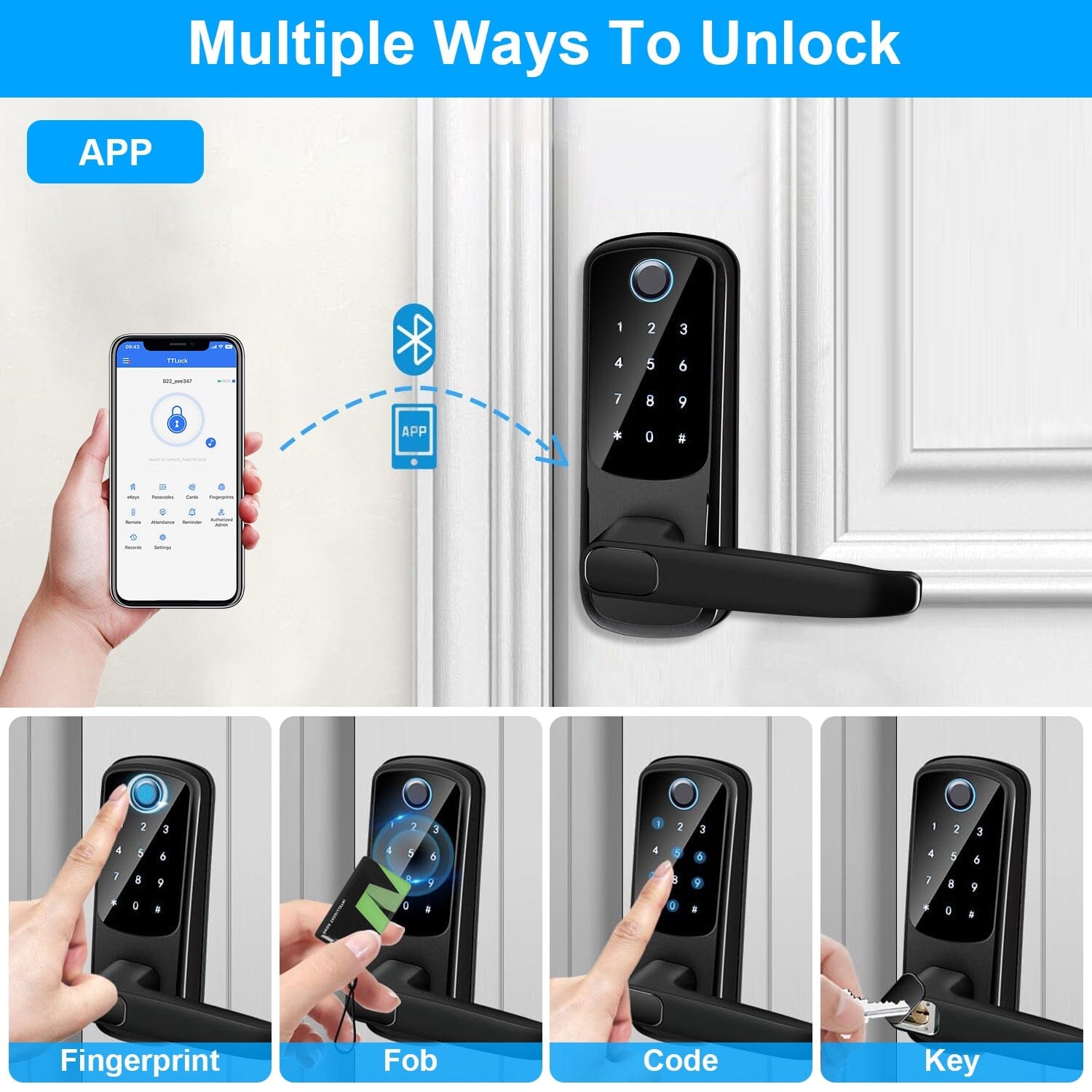 Smart Door Lock with Handle Fingerprints Passcode Keys Fobs App Control