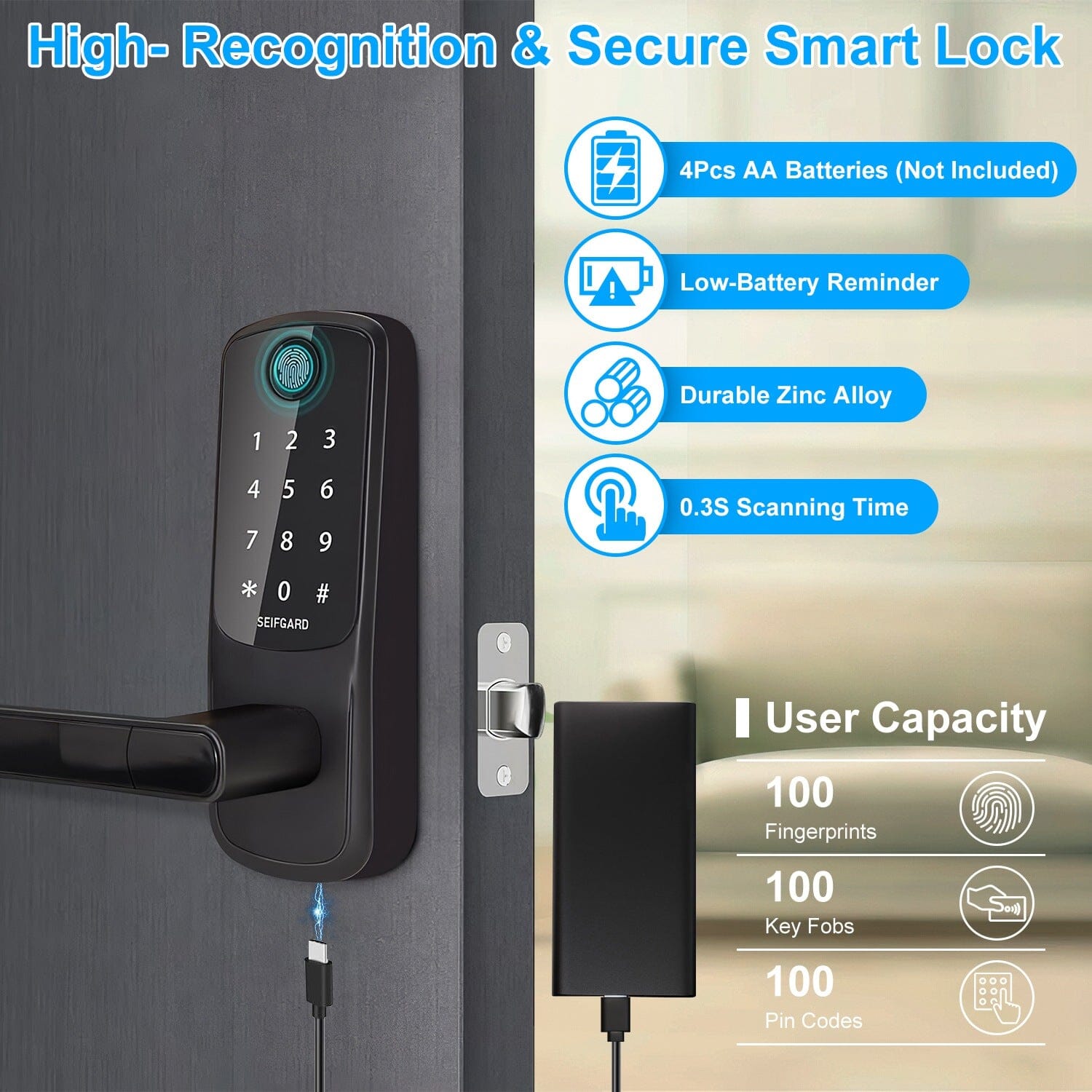 Smart Door Lock with Handle Fingerprints Passcode Keys Fobs App Control